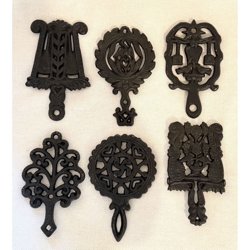 Vintage Cast Iron Trivets Lot 6 Cottagecore Wilton Floral Bird Heart Wall Decor